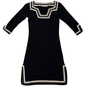 Jaeger London Dress Silk Cashmere Blend 3/4 Sleeves Black & White Square Neck